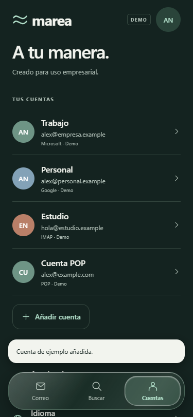 Pantalla de cuentas de Marea Mail en tema oscuro