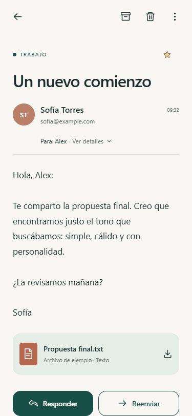 Vista de lectura de un mensaje en Marea Mail